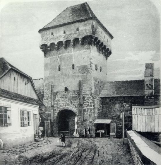 586-1870turnul portii podului, demolat in 1872(str. GhDoja-vedere dinspre nord)