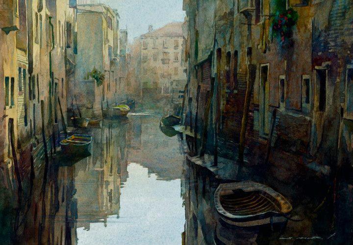 "Venice Calm" (2011) By Stan Miller, from South Dakota (b. 1949) watercolor; 14" x 22 [Sold] - watercolor and egg tempera Artist AWS