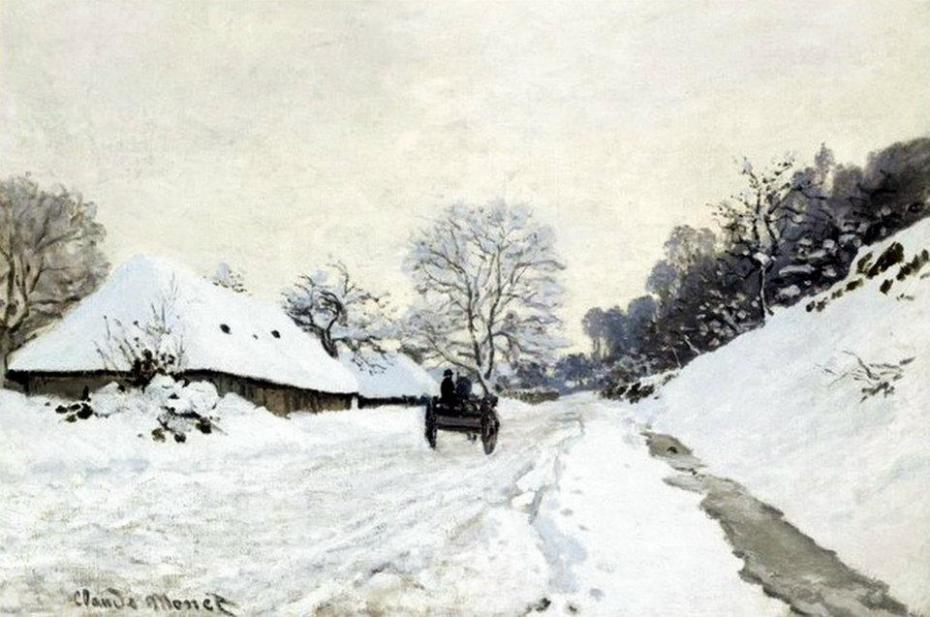 Monet, - Il calesse. Strada coperta di neve a Honfleur - 1867