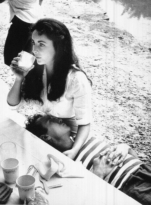 Taylor and Montgomery Clift during a break 1956