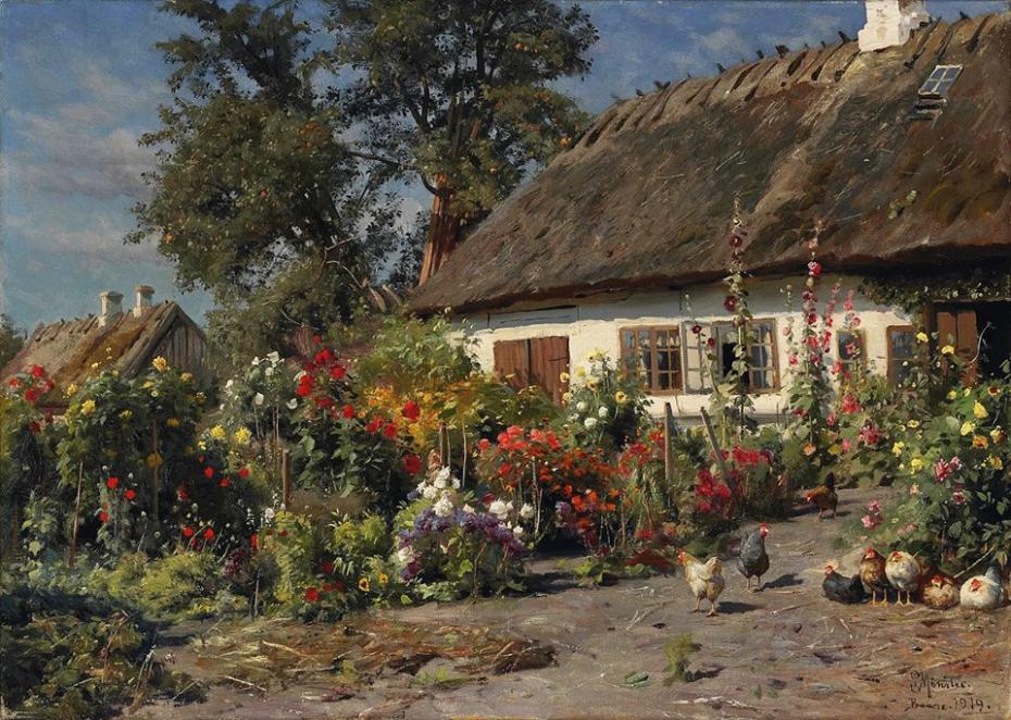 Peder Mørk Mønsted - A Cottage Garden with Chickens (1919)